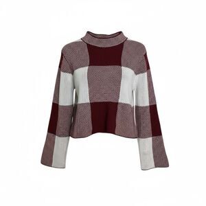 SHEIN Checkered Mock Neck Cropped Pullover Sweater Burgundy White Medium